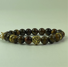Load image into Gallery viewer, 10mm Brown Tiger’s Eye- Gold Lion and Eye of Horus Bracelet
