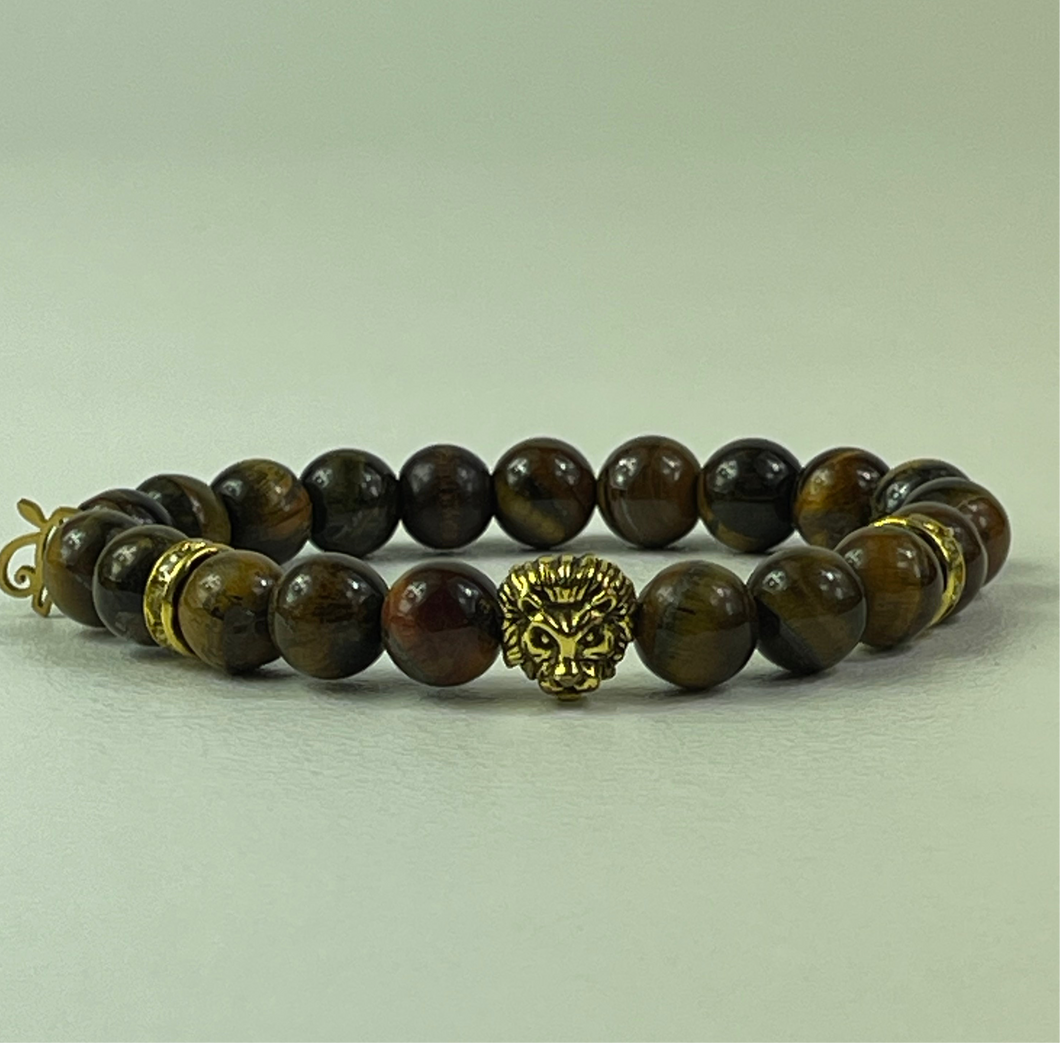 10mm Brown Tiger’s Eye- Gold Lion and Eye of Horus Bracelet
