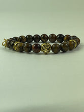 Load image into Gallery viewer, 10mm Brown Tiger’s Eye- Gold Lion and Eye of Horus Bracelet
